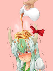 Rule 34 | 1girl, angry, blue hair, blush, bow, butter, colored eyelashes, commentary request, disembodied hand, dress, embarrassed, ex-keine, food, frown, green dress, green hair, horn bow, horn ornament, horns, kamishirasawa keine, multicolored hair, nere (crescent-bread), pancake, pink background, pitcher (container), pointy ears, puffy short sleeves, puffy sleeves, red eyes, short sleeves, simple background, solo, solo focus, steam, syrup, tearing up, tears, touhou, trembling, two-tone hair, wavy mouth, what