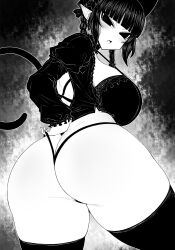 Rule 34 | 1girl, animal ears, ass, blunt bangs, blush, bow, braid, breasts, butt crack, cat ears, cat girl, cat tail, commentary request, curvy, extra ears, from behind, greyscale, hair bow, haseru (ginku mh), huge ass, huge breasts, juliet sleeves, kaenbyou rin, long sleeves, looking at viewer, medium hair, monochrome, nekomata, open mouth, panties, pointy ears, puffy sleeves, side braids, solo, tail, thighhighs, touhou, twin braids, underwear