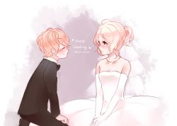 Rule 34 | 10s, 1boy, 1girl, age difference, alternate hairstyle, bare shoulders, blonde hair, blush, bow, bowtie, bridal gauntlets, bridal veil, bride, child, closed mouth, collarbone, diabolik lovers, dress, elbow gloves, closed eyes, formal, gloves, hands together, jewelry, komori yui, looking at another, manmosu, necklace, petite, red eyes, rejet, ribbon, sakamaki shuu, shorts, simple background, sitting, size difference, smile, sweatdrop, twitter username, veil, wedding, wedding dress, aged down