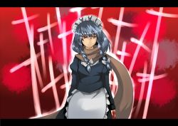 Rule 34 | 1girl, bad id, bad pixiv id, blood, cross, female focus, glowing, glowing eyes, gradient background, izayoi sakuya, letterboxed, maid, red eyes, reon (pixiv), reon (saikyou), scarf, silver hair, solo, touhou