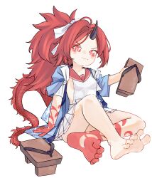 Rule 34 | 1girl, barefoot, blue archive, chaosexceed, dragon girl, dragon tail, feet, geta, highres, holding sandals, horns, long hair, ponytail, red eyes, red hair, red tail, renge (blue archive), ribbon, sandals, simple background, single horn, smile, soles, solo, tail, toenails, toes, unworn sandals, white background, white ribbon