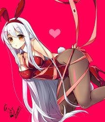 Rule 34 | 1girl, all fours, an jera, animal ears, arms behind back, brown pantyhose, detached collar, fake animal ears, heart, high heels, highres, kantai collection, leotard, long hair, necktie, pantyhose, pink background, playboy bunny, rabbit ears, rabbit tail, red footwear, red leotard, red necktie, ribbon, shoukaku (kancolle), signature, simple background, solo, strapless, strapless leotard, tail, white hair, yellow eyes
