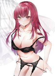 Rule 34 | 1girl, absurdres, black bra, black garter belt, black panties, blush, bra, breasts, closed mouth, collarbone, garter belt, hair down, heterochromia, highres, hololive, houshou marine, lace, lace-trimmed bra, lace trim, large breasts, long hair, navel, panties, panty pull, pulling own clothes, raised eyebrows, red eyes, red hair, solo, stomach, strap slip, underwear, underwear only, undressing, virtual youtuber, yellow eyes, yukineko1018