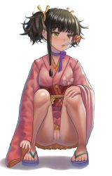 Rule 34 | 1girl, 5ya, black hair, blush, breasts, choker, cleft of venus, feet, fingernails, full body, hair ribbon, hand on own knee, highres, japanese clothes, kimono, koutetsujou no kabaneri, long sleeves, looking at viewer, looking away, medium breasts, mouth hold, mumei (kabaneri), no panties, nude filter, party horn, ribbon, ribbon choker, sandals, sash, short hair, short kimono, simple background, solo, squatting, tagme, thighs, third-party edit, toenails, toes, twintails, uncensored, white background, yellow eyes
