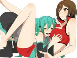 Rule 34 | 2girls, aqua hair, bad id, bad pixiv id, barefoot, breasts, brown eyes, brown hair, cleavage, detached sleeves, grabbing, grabbing another&#039;s breast, hatsune miku, large breasts, legs, long hair, meiko (vocaloid), midriff, monka, multiple girls, necktie, open mouth, saliva, short hair, skirt, smile, thighhighs, twintails, vocaloid, yuri, zettai ryouiki
