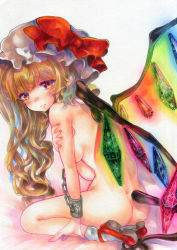 Rule 34 | 1girl, arm grab, ass, bad id, bad pixiv id, blonde hair, blush, bow, breasts, chain, cuffs, fingernails, flandre scarlet, full body, hat, hat bow, laevatein (tail), long hair, looking at viewer, looking to the side, marker (medium), medium breasts, mob cap, multicolored eyes, niku (hamuchang), nude, red bow, red eyes, red footwear, seiza, shoe soles, shoes, sitting, socks, solo, tail, tareme, touhou, traditional media, wavy hair, white background, white hat, white socks, wings, yellow eyes