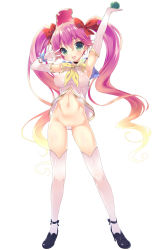 Rule 34 | 1girl, arm up, ass, bare shoulders, blush, bow, breasts, brooch, cameltoe, covered erect nipples, elbow gloves, full body, gloves, gradient hair, green eyes, hair bow, hair ornament, high heels, highres, holding, jewelry, long hair, looking at viewer, maebari, multicolored hair, mushihime-sama, navel, open mouth, perky breasts, pink hair, reco, sailor collar, shoes, show (rinnetenshow), sleeveless, smile, solo, strapless bottom, thighhighs, twintails, underwear, v, very long hair, white thighhighs, wing brooch, yellow bow