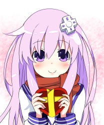 Rule 34 | 1girl, blush, box, d-pad, d-pad hair ornament, gift, hair between eyes, hair ornament, heart-shaped box, holding, holding gift, kurozero, long hair, looking at viewer, nepgear, neptune (series), purple eyes, purple hair, red scarf, scarf, smile, solo, upper body, valentine