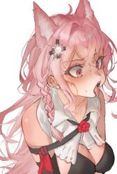 Rule 34 | 1girl, animal ears, arknights, bare shoulders, braid, breasts, cleavage, commentary request, hair ornament, highres, kaguura (kagu), medium breasts, open mouth, pink eyes, pink hair, pozyomka (arknights), simple background, solo, tongue, tongue out, upper body, white background, wolf ears