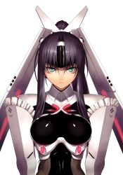 Rule 34 | 10s, 1girl, absurdres, armor, bodysuit, breast suppress, breasts, extraction, frills, green eyes, hands on breasts, highres, large breasts, long hair, phantom queen ex-xecty, ponytail, purple hair, shining (series), shining hearts, tony taka, transparent background, visor