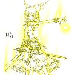 Rule 34 | 1girl, aura, belt, bracelet, character name, cowboy shot, earrings, energy ball, frilled skirt, frills, headphones, jewelry, long hair, looking at viewer, monochrome, multiple belts, outstretched arm, raptor7, scabbard, sheath, sheathed, simple background, sketch, skirt, solo, spread fingers, sword, touhou, toyosatomimi no miko, translated, vest, weapon, white background