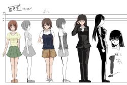 Rule 34 | 10s, 3girls, absurdres, adjusting hair, arm behind back, black footwear, black jacket, black pants, black shirt, black suit, blunt bangs, brown footwear, brown shorts, camisole, casual, closed mouth, cross-laced footwear, dress shirt, family, flats, formal, from side, frown, girls und panzer, glaring, green skirt, height chart, highres, jacket, layered clothes, long hair, looking at viewer, miniskirt, mother and daughter, multiple girls, nishizumi maho, nishizumi miho, nishizumi shiho, open mouth, pant suit, pants, partially colored, pleated skirt, shirt, shoes, short hair, short sleeves, shorts, siblings, sisters, skirt, smile, sneakers, standing, suit, t-shirt, translation request, urouchi, white footwear, white shirt, yellow shirt