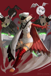 Rule 34 | 1girl, absurdres, arm up, bandages, barefoot, belt, clover, coat, collared coat, dark-skinned female, dark skin, eyelashes, feet, feet up, four-leaf clover, full body, guilty gear, guilty gear strive, hair between eyes, hat, high collar, highres, leg wrap, long hair, looking at viewer, lucifero (guilty gear), midriff, nail polish, open mouth, orange eyes, parted lips, pink nails, platinum blonde hair, ramlethal valentine, red background, short shorts, shorts, signature, simple background, soles, solo, teeth, thigh strap, toenails, toes, tsuna (akmu8832), white coat, white hat, yellow eyes