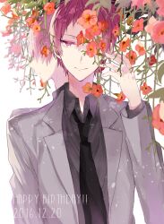 Rule 34 | 2boys, akashi seijuurou, black necktie, closed mouth, collared shirt, commentary request, dated commentary, dress shirt, dual persona, eyelashes, flower, grey jacket, grey shirt, hand up, happy birthday, jacket, kuroko no basuke, lapels, long sleeves, looking at viewer, looking back, male focus, multiple boys, necktie, noka (blackheart1118), one eye covered, open clothes, open jacket, parted bangs, plant, red eyes, red flower, red hair, shirt, short hair, smile, solo focus, trumpet creeper, upper body, wing collar