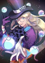 Rule 34 | 1boy, artist name, avery (pokemon), black hat, blonde hair, blue eyes, chromatic aberration, collared shirt, commentary request, creatures (company), dolustoy, dynamax band, eyelashes, film grain, floating hair, game freak, glasses, gloves, grey-framed eyewear, hands up, hat, hat ribbon, highres, long hair, looking at viewer, male focus, multicolored shirt, nintendo, parted lips, poke ball, poke ball (basic), pokemon, pokemon swsh, ribbon, round eyewear, shirt, sidelocks, single glove, solo, telekinesis, top hat