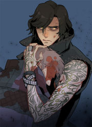 Rule 34 | 2boys, alternate eye color, anger vein, angry, arm tattoo, black coat, black hair, blood, blood on face, blood on clothes, blood in hair, blue background, bracelet, coat, devil may cry (series), devil may cry 5, closed eyes, glaring, grey hair, hair over one eye, hand on another&#039;s head, head on chest, holding, holding person, jewelry, karu (kei-1989), male focus, multiple boys, nero (devil may cry), ring, scowl, short hair, simple background, sleeveless, tattoo, v (devil may cry), yellow eyes