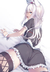 Rule 34 | 1girl, animal ear fluff, animal ears, ass, azur lane, bed sheet, black dress, black thighhighs, blue eyes, blush, cat ears, commentary request, dress, fang, frilled dress, frills, from behind, hair between eyes, hammann (azur lane), highres, long hair, looking at viewer, looking back, lying, nakazawa aki, on stomach, open mouth, puffy short sleeves, puffy sleeves, short sleeves, simple background, solo, thighhighs, very long hair, white background, white hair, wrist cuffs