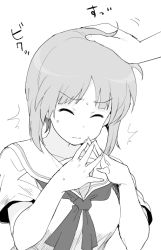 Rule 34 | 1girl, ^^^, adapted uniform, blouse, closed eyes, closed mouth, commentary request, fingers together, frown, girls und panzer, greyscale, hand on another&#039;s head, henyaan (oreizm), monochrome, motion lines, neckerchief, nishizumi miho, ooarai school uniform, out of frame, school uniform, serafuku, shirt, short hair, short sleeves, translated, upper body