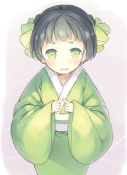 Rule 34 | 1girl, black hair, blunt bangs, blush, bow, fingers together, green bow, green eyes, green kimono, grey background, hair bow, index fingers together, japanese clothes, kimono, kurasuke, long sleeves, looking at viewer, obi, original, parted lips, sash, short hair, simple background, solo, standing, wide sleeves