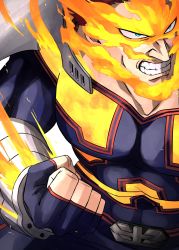 Rule 34 | 1boy, absurdres, angry, bad id, bad twitter id, beard, blue eyes, bodysuit, boku no hero academia, burn scar, clenched teeth, close-up, command input, costume, endeavor (boku no hero academia), facial hair, fighting stance, fingerless gloves, fire, fist in hand, gloves, highres, kei (ahan uhun 345), looking to the side, male focus, mature male, muscular, muscular male, mustache, parted lips, punching, pyrokinesis, red hair, scar, scar on face, scar on mouth, short hair, simple background, skin tight, solo, teeth, very short hair