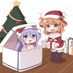 Rule 34 | 2girls, :d, ^^^, bare shoulders, blue eyes, box, breasts, chibi, christmas, christmas tree, cleavage, collarbone, fizz (pixiv34498626), gift, gift box, green eyes, hair rings, hat, highres, holding, holding gift, long hair, multiple girls, open mouth, orange hair, princess connect!, purple hair, rino (princess connect!), santa costume, santa hat, shizuru (princess connect!), smile, socks, surprised, sweatdrop, thighhighs, wooden floor