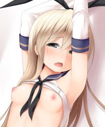 Rule 34 | 10s, 1girl, armpits, arms behind head, arms up, blonde hair, blue eyes, blush, breasts, clothes lift, crop top, elbow gloves, gloves, grey eyes, hairband, haryuu (poetto), highres, kantai collection, long hair, looking at viewer, nipples, open mouth, school uniform, serafuku, shimakaze (kancolle), shirt, shirt lift, small breasts, solo, tears, upper body, white gloves