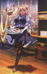Rule 34 | 1girl, absurdres, blurry, blurry background, blush, boots, breasts, brown eyes, buttons, cake, coffee, coffee cup, cross-laced footwear, cup, disposable cup, food, full body, hair ornament, hanikami kanojo, highres, hiiragi sano, holding, indoors, lace-up boots, light brown hair, long hair, looking at viewer, medium breasts, open mouth, pantyhose, piromizu, puffy sleeves, scan, short sleeves, simple background, skirt, solo, spoon, tray, waitress, wooden floor