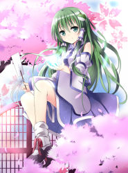 Rule 34 | 1girl, bad id, bad pixiv id, cherry blossoms, detached sleeves, frog hair ornament, gohei, green eyes, green hair, hair ornament, hair tubes, holding, kochiya sanae, long hair, looking at viewer, mary janes, matching hair/eyes, miya (tokumei), oonusa, petals, revision, shoes, sitting, smile, snake hair ornament, solo, touhou, white background