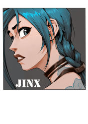 Rule 34 | 1girl, absurdres, arcane: league of legends, arcane jinx, asymmetrical bangs, black eyes, blue hair, brown background, brown choker, bu ruo1996 (caricaturist), character name, choker, cloud tattoo, from side, green hair, highres, jinx (league of legends), league of legends, long hair, looking at viewer, neck tattoo, portrait, red lips, shoulder tattoo, sideways glance, simple background, tattoo, teeth, white background