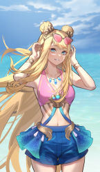 Rule 34 | 1girl, beach, blonde hair, blue shorts, bracelet, breasts, chibi vanille, cleavage, collarbone, cowboy shot, day, double bun, grin, hair bun, hands up, highres, jewelry, large breasts, league of legends, long hair, navel, necklace, ocean song seraphine, outdoors, seraphine (league of legends), shorts, smile, solo, stomach, sunglasses, teeth, water