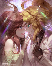 Rule 34 | 2girls, ahoge, alternate hair length, alternate hairstyle, blonde hair, blue eyes, bride, brown hair, commentary, dress, english commentary, eye contact, finger to another&#039;s mouth, formal, gloves, grabbing another&#039;s chin, green eyes, groom, hand on another&#039;s chin, jewelry, light blush, long hair, looking at another, multiple girls, necktie, orange sekaii, ponytail, ring, smile, suit, tanya degurechaff, tears, teeth, upper body, upper teeth only, viktoriya ivanovna serebryakov, wedding, wedding band, white dress, white suit, wife and wife, youjo senki, yuri