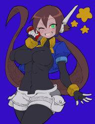 Rule 34 | 1girl, absurdres, aile (mega man zx), black bodysuit, blue background, blue jacket, blush, bodysuit, bodysuit under clothes, breasts, brown hair, buzzlyears, can, covered erect nipples, covered navel, cropped jacket, drink, drink can, fang, glowing, green eyes, highres, holding, holding drink, jacket, large breasts, long hair, looking at viewer, mega man (series), mega man zx, mega man zx advent, one eye closed, open clothes, open jacket, ponytail, robot ears, shorts, simple background, smile, solo, white shorts
