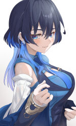 Rule 34 | 1girl, bare shoulders, black hair, blue eyes, blue hair, blue jacket, blue necktie, blue shirt, blue vest, blush, breasts, chahanramen, collared vest, detached sleeves, ear piercing, earrings, from side, hair between eyes, highres, hololive, hololive english, jacket, jewelry, large breasts, light blue hair, light smile, long hair, long sleeves, looking at viewer, medal, necktie, off shoulder, open clothes, open jacket, ouro kronii, ouro kronii (4th costume), piercing, shirt, simple background, solo, sweat, undressing, vest, virtual youtuber, white background, wing collar, wolf cut