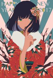 Rule 34 | 1girl, 2017, black hair, blunt bangs, branch, flower, green eyes, hair ornament, happy new year, highres, index finger raised, japanese clothes, kimono, long sleeves, looking at viewer, new year, obi, original, pink flower, print kimono, red kimono, sash, shi oo, short hair, solo