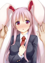 Rule 34 | 1girl, against wall, animal ears, bad id, bad pixiv id, blazer, blush, breasts, collared shirt, commentary request, grabbing another&#039;s ear, hand on another&#039;s ear, hand on own chest, hisae (hisae collect), jacket, kabedon, large breasts, long hair, looking at viewer, necktie, open mouth, pink hair, rabbit ears, red eyes, reisen udongein inaba, shirt, simple background, solo focus, touching ears, touhou, upper body, white background