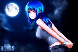 Rule 34 | 1girl, arms behind back, bare shoulders, blue hair, blush, bracelet, breasts, closed mouth, denim, erkaz, from side, full moon, jewelry, large breasts, leaning forward, long hair, looking at viewer, looking to the side, moon, moonlight, night, night sky, original, pink eyes, rina atherina, sky, smile, solo, swept bangs, tank top, upper body, watermark