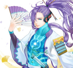Rule 34 | blue eyes, hand fan, highres, kamui gakupo, long hair, ponytail, purple hair, sword, vocaloid, weapon