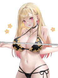 Rule 34 | 1girl, bikini, black bikini, blonde hair, blush, breasts, cleavage, collarbone, commentary request, ear piercing, earrings, floral print, gradient hair, gyaru, halterneck, highres, holding, jewelry, kitagawa marin, large breasts, looking down, multicolored hair, natsugou shinogi, navel, necklace, o-ring, o-ring bikini, o-ring top, open mouth, piercing, pink eyes, print bikini, red hair, side-tie bikini bottom, simple background, solo, sono bisque doll wa koi wo suru, standing, stomach, string bikini, swimsuit, tape measure, white background