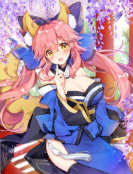 Rule 34 | 10s, 1girl, animal ears, bare shoulders, black thighhighs, blue bow, blush, bow, breasts, cleavage, fate/extella, fate/extra, fate (series), hair bow, index finger raised, large breasts, long hair, looking at viewer, open mouth, pingo, pink hair, smile, solo, tamamo no mae (fate/extra), thighhighs, twintails, yellow eyes