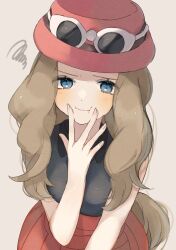 Rule 34 | 1girl, :t, blue eyes, blush, brown hair, closed mouth, collared shirt, commentary request, creatures (company), eyelashes, eyewear on headwear, game freak, hand up, hat, long hair, looking at viewer, nintendo, pink hat, pokemon, pokemon xy, red skirt, serena (pokemon), shirt, skirt, sleeveless, sleeveless shirt, solo, squiggle, sunglasses, ume (ume 445), white-framed eyewear