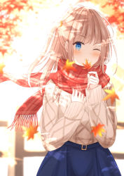 Rule 34 | 1girl, ;), autumn leaves, bad id, bad pixiv id, blue eyes, blue skirt, blurry, blurry background, blush, brown hair, closed mouth, commentary request, depth of field, fringe trim, highres, holding, holding leaf, leaf, long hair, long sleeves, looking at viewer, maple leaf, one eye closed, one side up, original, plaid, plaid scarf, red scarf, scarf, senri (senri sen), skirt, sleeves past wrists, smile, solo, sweater, white sweater