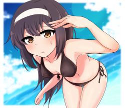 Rule 34 | 10s, 1girl, adjusting hair, bikini, black bikini, blurry, breasts, chawan (yultutari), cloud, cloudy sky, commentary request, day, depth of field, front-tie bikini top, front-tie top, girls und panzer, hairband, highres, leaning forward, long hair, looking at viewer, medium breasts, outdoors, parted lips, reizei mako, side-tie bikini bottom, sky, solo, standing, sweat, swimsuit, thigh gap, wading, white hairband