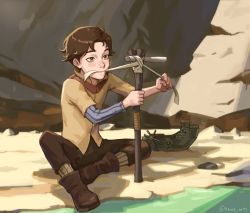 Rule 34 | 1boy, aged down, arcane: league of legends, bandages, blue shirt, brown eyes, brown footwear, brown hair, brown jacket, brown pants, cane, child, closed mouth, highres, holding, jacket, kherl, league of legends, male focus, mouth hold, outdoors, pants, shirt, short hair, sitting, solo, striped clothes, striped shirt, toy ship, viktor (league of legends)