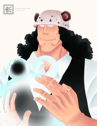 Rule 34 | 1boy, absurdres, alternate costume, animal ears, artist name, bartholomew kuma, bear ears, black hair, character name, closed mouth, commentary, curly hair, empty eyes, grey background, hat, highres, kath illustrates, long hair, male focus, one piece, shirt, signature, simple background, smile, solo, white shirt