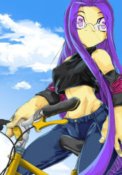 Rule 34 | 00s, 1girl, bicycle, breasts, fate/stay night, fate (series), glasses, medusa (fate), medusa (rider) (fate), outdoors, sky, solo, square pupils