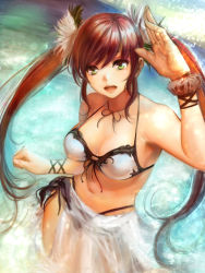Rule 34 | 1girl, :d, alber, bad id, bad pixiv id, bracelet, breasts, choker, cleavage, collarbone, from above, green eyes, highres, jewelry, looking at viewer, navel, open mouth, original, red hair, salute, sarong, smile, solo, swimsuit, twintails, water
