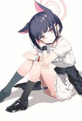 Rule 34 | 1girl, animal ears, arms on knees, b zhan cm yang, band shirt, bare legs, belt, black belt, black choker, black footwear, black hair, black jacket, black socks, blue archive, blunt bangs, blush, bob cut, breasts, choker, clothes around waist, colored inner animal ears, colored inner hair, commentary request, earclip, earrings, full body, grimace, hair ornament, hairclip, halo, hand on own knee, hand on own shoulder, head tilt, highres, jacket, jacket around waist, jewelry, kazusa (band) (blue archive), kazusa (blue archive), knees up, loafers, looking at viewer, looking to the side, mask pull, medium breasts, merchandise, miniskirt, multicolored hair, official alternate costume, on ground, parted lips, pink eyes, pink hair, pleated skirt, raised eyebrows, red halo, ring, shadow, shirt, shoes, short hair, short sleeves, simple background, sitting, skindentation, skirt, socks, solo, t-shirt, thick eyelashes, thigh belt, thigh strap, thighs, turning head, two-tone hair, upskirt, white background, white shirt, white skirt, wristband