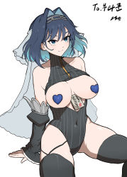 Rule 34 | 1girl, absurdres, bad id, bad pixiv id, black leotard, blue hair, breasts, breasts out, chain, chroong, commission, covered navel, detached sleeves, hairband, happy birthday, heart pasties, highres, hololive, hololive english, invisible chair, large breasts, leotard, ouro kronii, pasties, sitting, smile, solo, thighhighs, veil, virtual youtuber