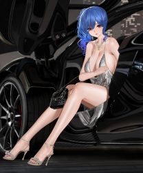 Rule 34 | argyle, argyle clothes, argyle cutout, azur lane, backless dress, backless outfit, bag, blue hair, blue nails, car, car interior, clothing cutout, dress, evening gown, grey dress, halter dress, halterneck, handbag, high heels, highres, jewelry, long hair, motor vehicle, nail polish, necklace, one side up, open shoes, plunging neckline, purple eyes, revealing clothes, ryotaz27, side ponytail, sidelocks, silver dress, silver footwear, st. louis (azur lane), st. louis (luxurious wheels) (azur lane), taut clothes, taut dress, toes, two-tone dress