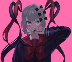 Rule 34 | 1girl, alternate color, black bow, black hair, black shirt, blue eyes, bow, boxcutter, chouzetsusaikawa tenshi-chan, chouzetsusaikawa tenshi-chan (dark angel), closed mouth, commentary request, grey hair, hair bow, hair ornament, hand up, heart, heart hair ornament, holding, holding boxcutter, long hair, long sleeves, looking at viewer, multicolored hair, multicolored nails, needy girl overdose, nullhell, pink background, quad tails, red bow, red hair, red sailor collar, sailor collar, shirt, simple background, solo, twintails, upper body